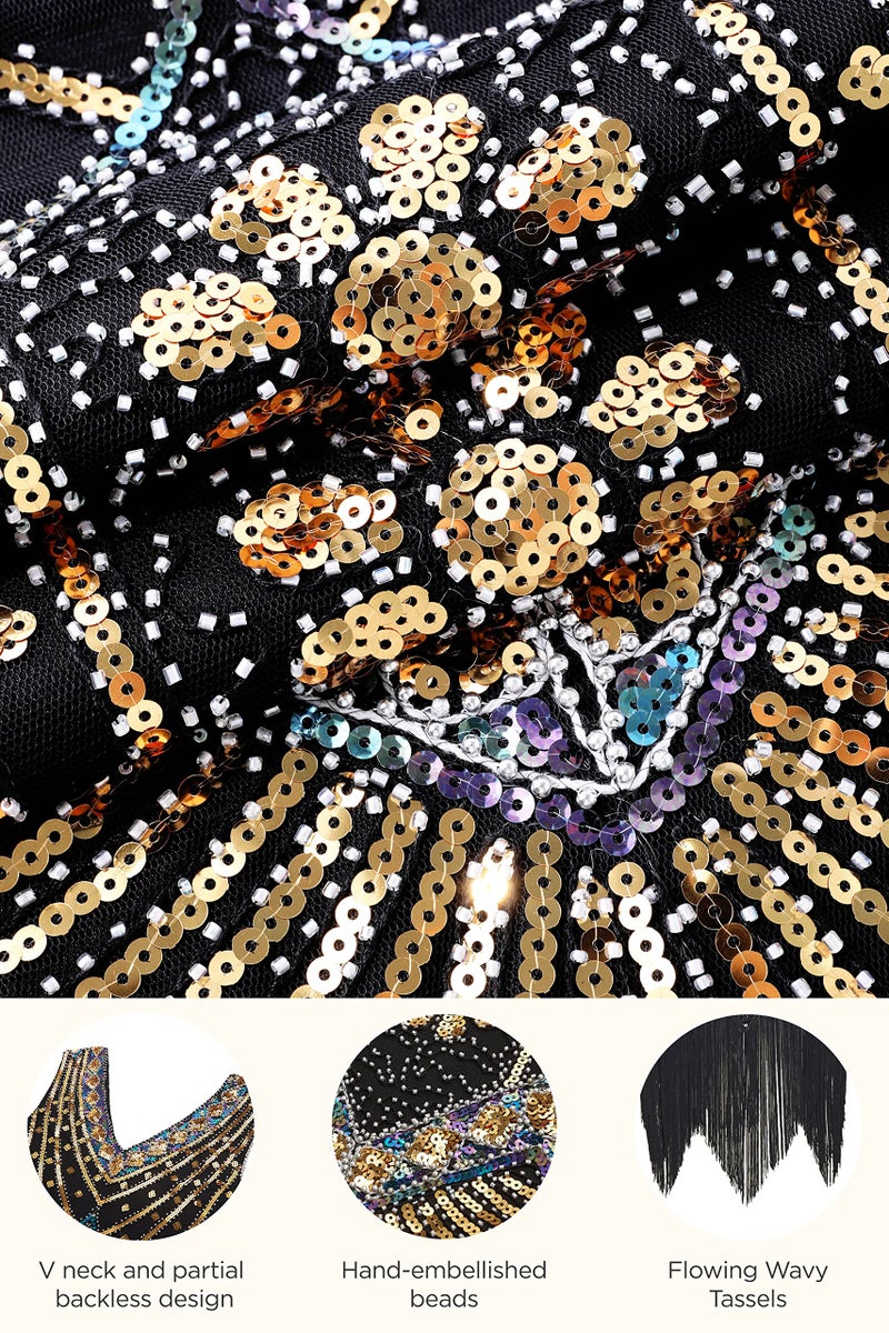 BABEYOND Women's Flapper Dresses 1920s V Neck Beaded Fringed Great Gatsby Dress Gold - Image 4
